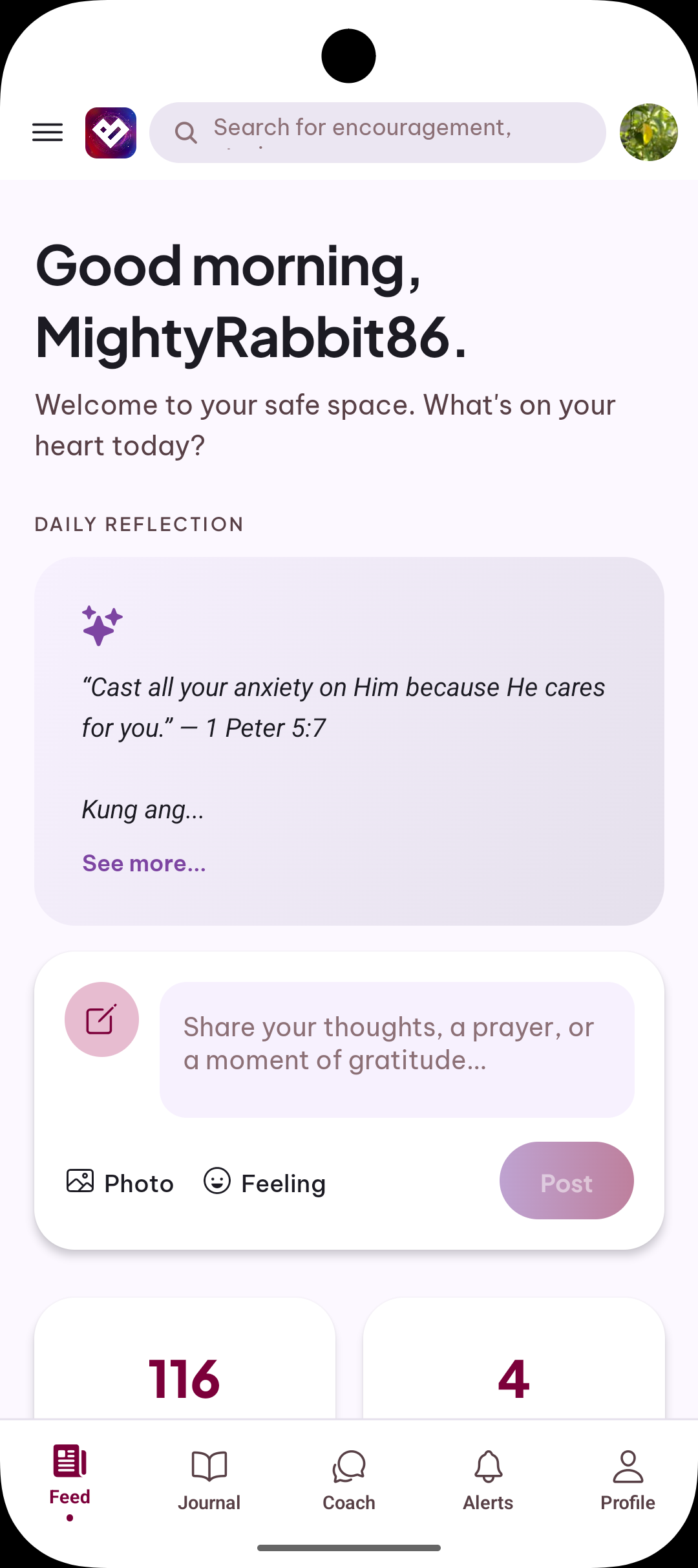 PUSO Spaze community feed showing encouraging posts and daily reflections