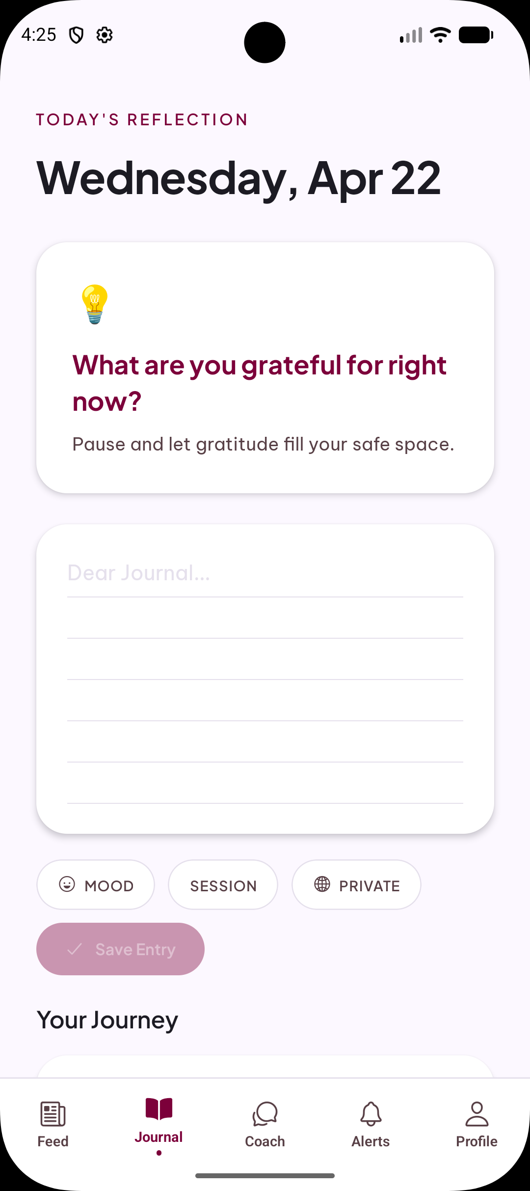 PUSO Spaze journal screen showing daily reflections and mood tracking