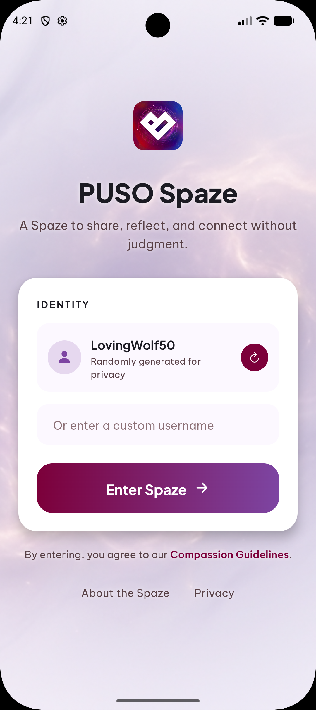 PUSO Spaze app login screen showing anonymous identity creation