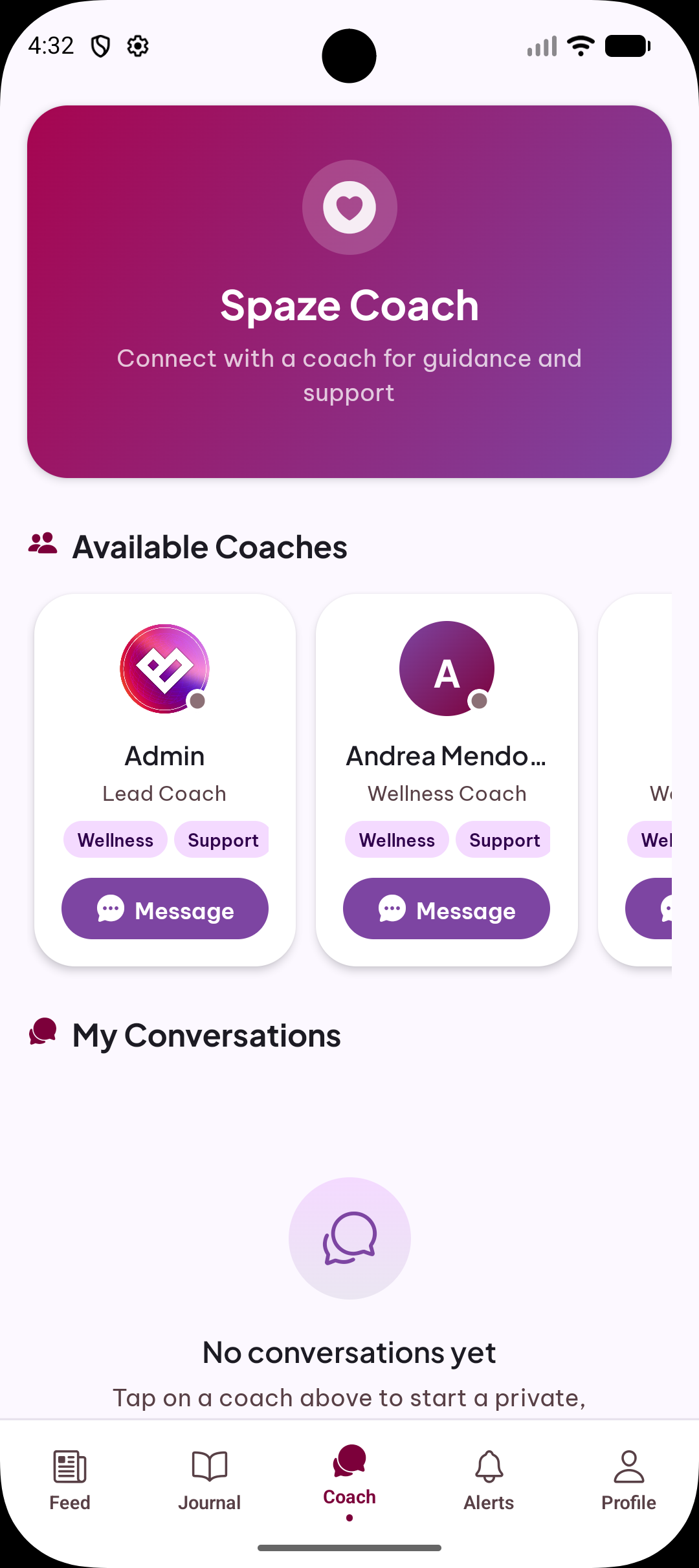PUSO Spaze coach screen showing available wellness coaches and messaging